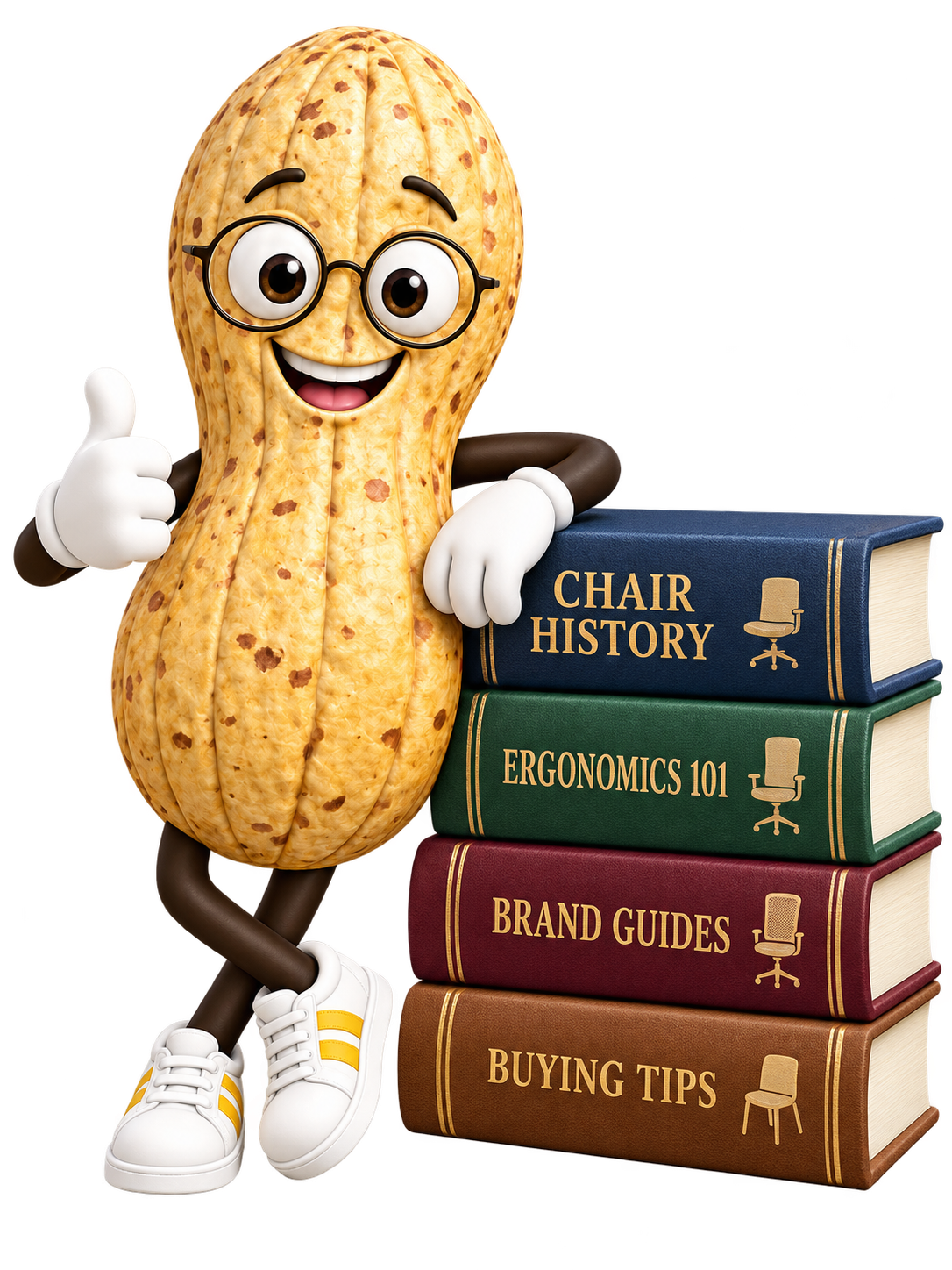 The Chair Nut mascot leaning against a stack of chair knowledge books