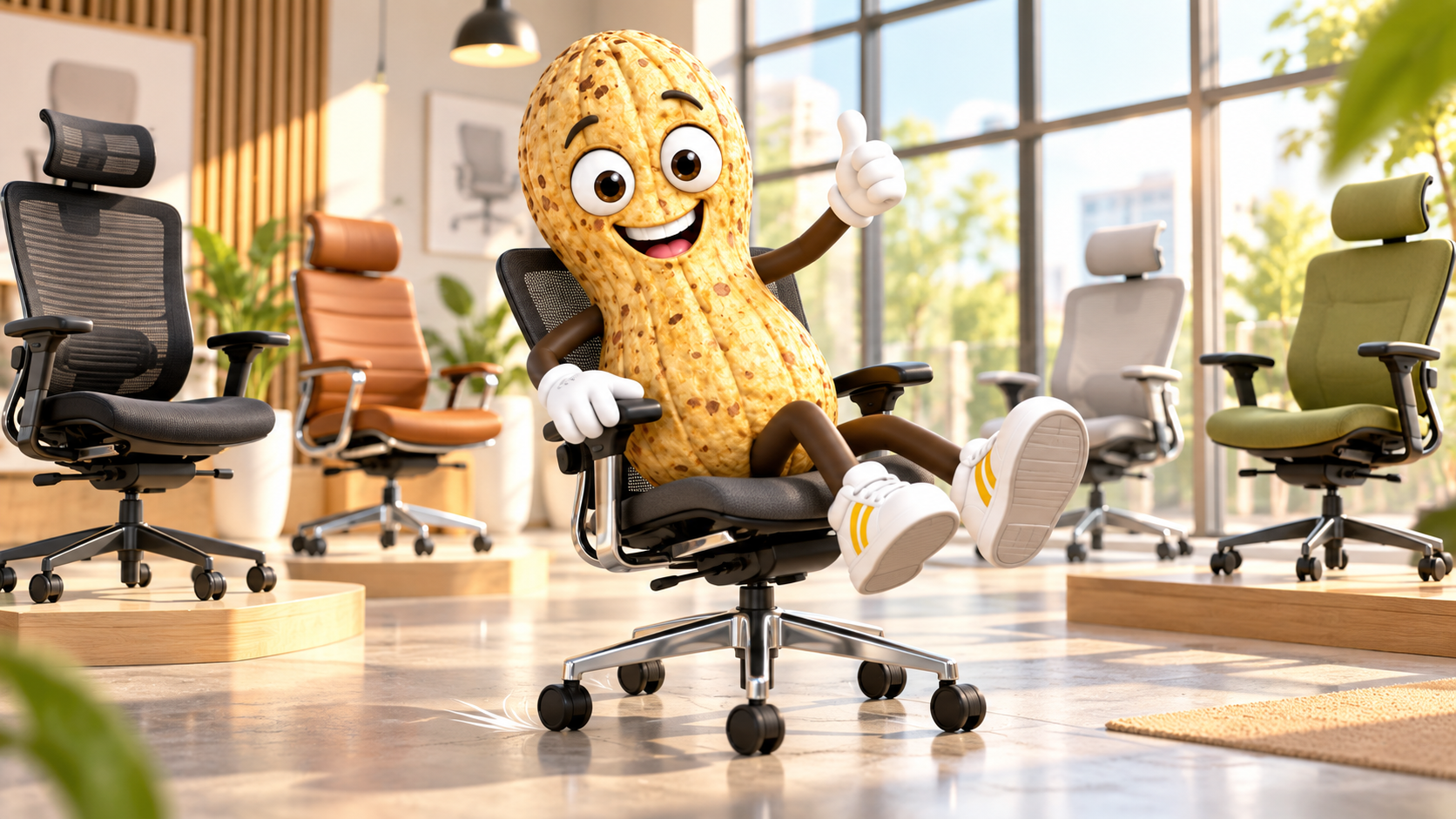 The Chair Nut mascot enjoying a premium office chair in a bright chair showroom
